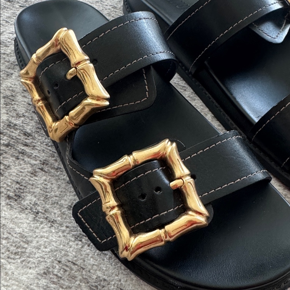 Schutz Black Sandals with Gold Buckles - Picture 2 of 7